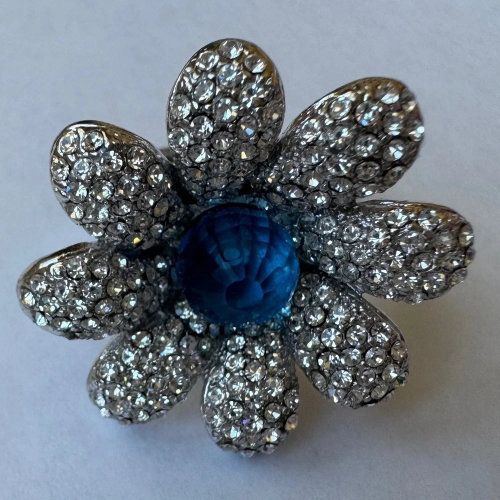 Vintage Nolan Miller Blue Stone Silver Tone Flower Petal Statement Ring Signed